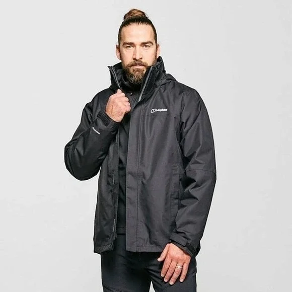 Berghaus Hydroshell Jacket Mens XXL Black Hooded Waterproof & Fleece 3 In 1 NWOT